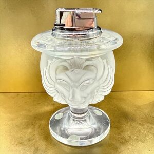 Lalique Frosted Tete de Lion Head Vase Cigarette Lighter Footed Signed Crystal